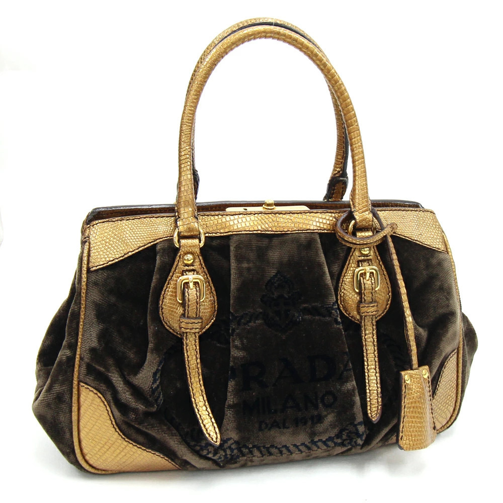 Prada handbag brown Bron White velvet leather clasp closure key
